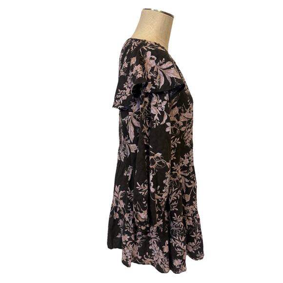 Free People Floral Mini Dress XS Black Pink Boho Peasant Tunic Long Sleeve - Picture 5 of 12
